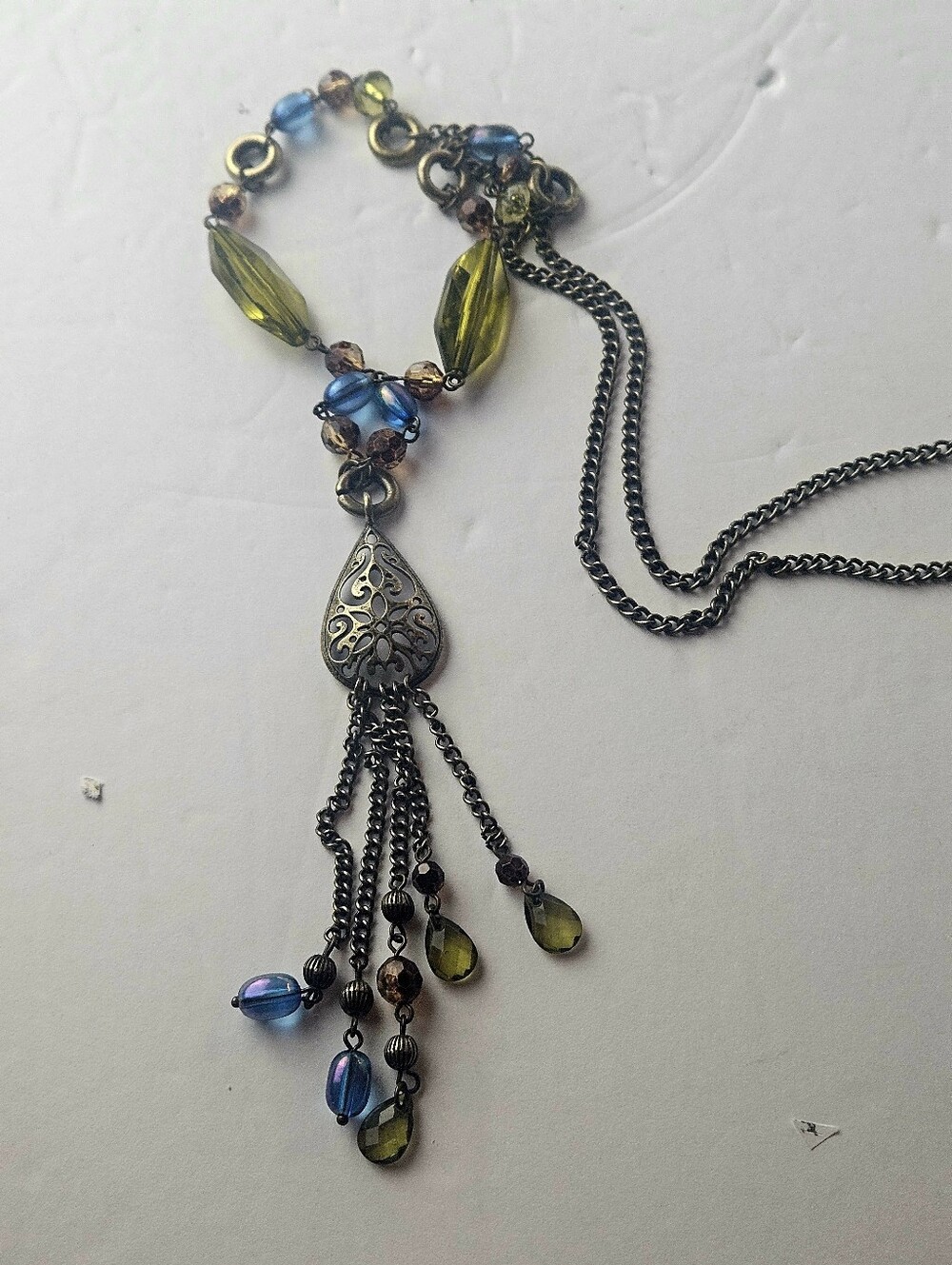 Avon Vintage Boho Green Blue Bead Tassel Pendant Necklace Antiqued Gold Tone